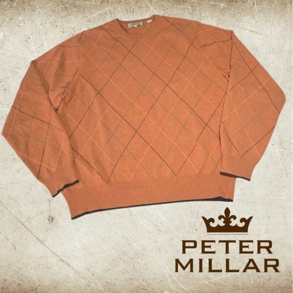 Peter Millar Sweater Mens Argyle 100% Cashmere Crew Neck Orange L REPAIRED HOLES